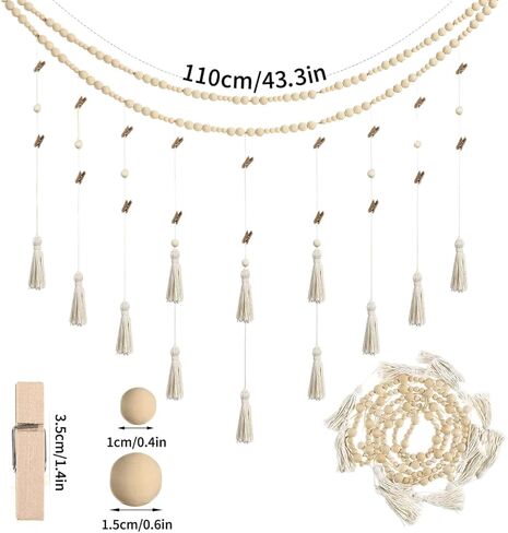 Hanging Photo Display Macrame Boho Wall Decor, Wooden Bead Garland with 18 Photo Clips, Collage Picture Frame Photo Holders for Nursery Room Dorm Bedroom Wall Decor (Nature) in Saudi Arabia