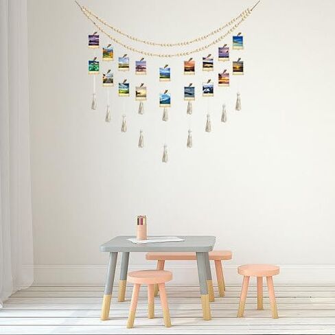 Hanging Photo Display Macrame Boho Wall Decor, Wooden Bead Garland with 18 Photo Clips, Collage Picture Frame Photo Holders for Nursery Room Dorm Bedroom Wall Decor (Nature) in Saudi Arabia