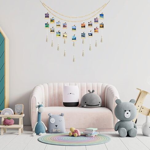 Hanging Photo Display Macrame Boho Wall Decor, Wooden Bead Garland with 18 Photo Clips, Collage Picture Frame Photo Holders for Nursery Room Dorm Bedroom Wall Decor (Nature) in Saudi Arabia
