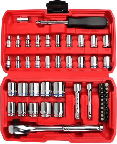 LLNDEI 48 Piece 1/4 Inch Mini Socket Ratchet Wrench Set, Metric Shallow Socket (4-14mm) 6-Point,with 72 Teeth Mini Ratcheting Wrench, Screwdriver Bit Set, Universal Joints and 3 Inch Extensions in Saudi Arabia