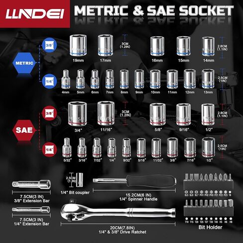 LLNDEI 48 Piece 1/4 Inch Mini Socket Ratchet Wrench Set, Metric Shallow Socket (4-14mm) 6-Point,with 72 Teeth Mini Ratcheting Wrench, Screwdriver Bit Set, Universal Joints and 3 Inch Extensions in Saudi Arabia