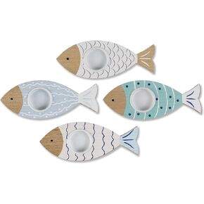 SAILINGSTORY Wooden Fish Tealight Candle Holder Nautical Coastal Beach Decor Votive Candle Holder Set of 4 Pack