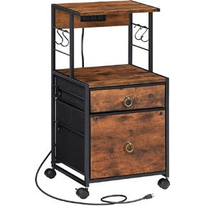 HOOBRO 2-Drawer File Cabinet, Filing Cabinet with Charging Station, Office Cabinet with Open Shelf, Filing Cabinet for Home Office, A4/Letter Size, Nonwovens Drawer, Rustic Brown BF23UWJ01