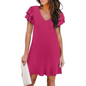 Women's Casual Dresses Ruffle Short Sleeve V-Neck Summer A-Line Cocktail Dress with Pockets