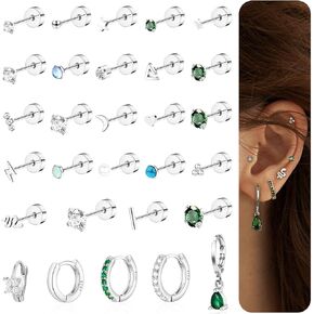 Surgical Stainless Steel Stud Hoop Earring Sets for Multiple Piercing Tiny Gold Flat Back Earrings for Cartilage Small CZ Emerald Green Earrings Hypoallergenic Nap Studs for women (Single Earrings Not A Pair)