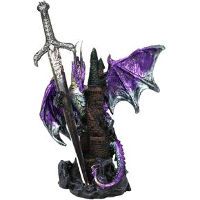 Ebros Gift Legendary Pacific Purple Metallic Armored Knight Dragon Holding Castle Tower and Gothic Sword Letter Opener Figurine Home Office Decorative Sculpture Medieval Dungeons Dragons Fantasy