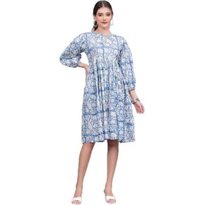 Bird Block Print Dress Indian Cotton Handmade Maxi Dress Beach Wear Party Dress with Pockets Summer Wrap Dress