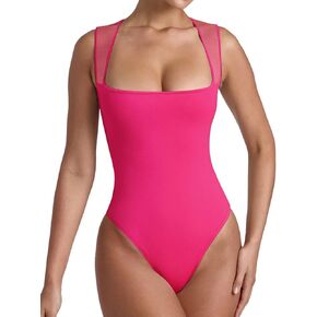 REORIA Women’s Sexy Sleeveless Square Neck Mesh Sheer Double Lined 2024 Trendy Going Out Bodysuit Tops