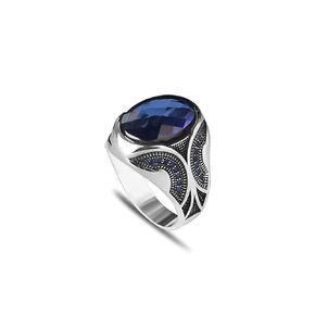 925 Sterling Silver Men Silver Ring with Sapphire GemStone, Handmade Engraved Silver Ring, Gift for him, Minimalist Silver Ring (6.5)