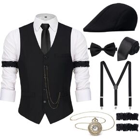 1920s Mens Costume Gatsby Gangster Costume Accessories Set-1920s Hat Vest Pocket Watch Tie-Roaring 20s Costumes for Men