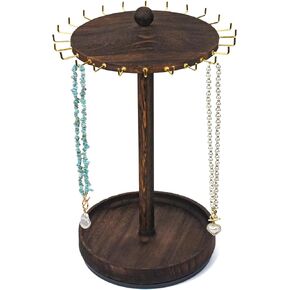 Necklace Holder Organizer Jewelry Display Stand for Selling,24 Hooks,14 Inches, Tangle Free, 360 °Rotating,Wood Tray
