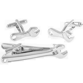 Wrench Cufflinks & Tie Bar Clip with Presentation Gift Box and Polishing Cloth