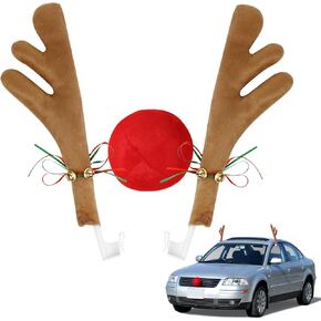 Car Christmas Reindeer Antler Decorations, Vehicle Christmas Car Decor Kit with Jingle Bells Rudolph Reindeer and Red Nose, Xmas Gift Set (Khaki)