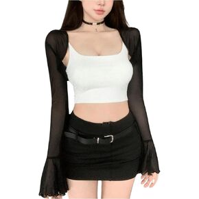 SHENHE Women's 2 Piece Set Mesh Sheer Flare Sleeve Bolero Shrug and Crop Camisole Top