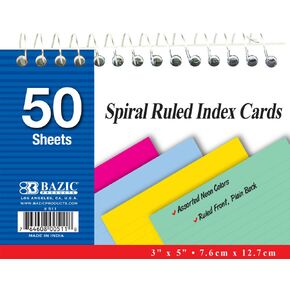 BAZIC 50 Ct. Spiral Bound Index Cards. 3x5 Perforated Flash Cards for School, Stationery, or Office Supplies