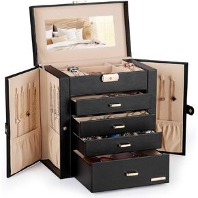 Homde Synthetic Leather Huge Jewelry Box Mirrored Watch Organizer Necklace Ring Earring Storage Lockable Gift Case (Black)