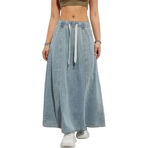 chouyatou Women's Casual Paperbag Elastic High Waist A Line Long Maxi Flare Denim Skirt