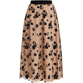 Floerns Women's Floral Plush Mesh Overlay Flared Midi Skirt