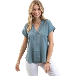 August Sky Women's Casual Blouse - Roll Up Short Sleeve Top Double Tab Front Collared V-Neck Shirts