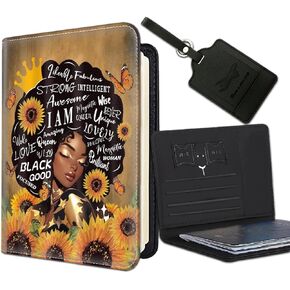 Passport Holder Women Wallet with Luggage Tag, Leather Passport Cover with RFID Blocking, Travel Accessories Multi Card Slot Passport Case for Men，Hustle Like A Boss Side Hustler Afro Queen