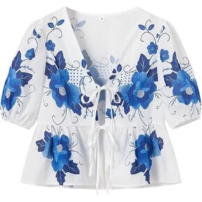 Yimoon Women's Y2K Bow Tie Front Babydoll Blouse Puff Short Sleeve Peplum Ruffle Hem Summer Going Out Tops