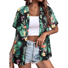 Womens Button Down Hawaiian Shirts Short Sleeve Floral Print Summer V Neck T-Shirt Casual Summer Beach Blouses Tops