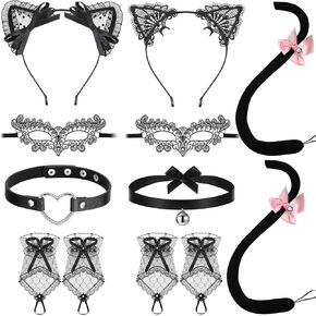 10 Pieces Black Cat Halloween Costume for Women with Love Heart Bowknot Bell Cat Tail Adjustable Leather Choker Sweet Lace Cat Ears Gloves Headband for Women Girls