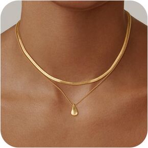 Layered Necklaces for Women Trendy, 14K Gold Plated/Silver Stackable Dainty Silver Choker Necklaces, Layering Drop Pendant Herringbone Necklace Fashion Jewelry Set Gifts For Women Girls