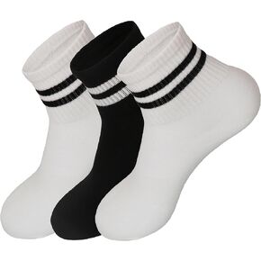 3Pairs Crew Socks Casual Athletic Socks Cotton Cushioned Solid Color Two Stripe Quarter Socks Retro Ankle Socks