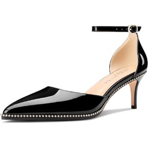 HDEUOLM Womens Mid Kitten Heel Pointed Toe Beaded Pumps Ankle Strap Two-Piece Prom Dress Patent Leather Summer 2.4 Inches Heels