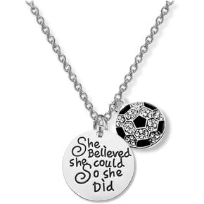 Sportybella - Soccer Necklace, Silver Soccer Jewelry - Girls She Believed She Could So She Did Pendent - Soccer Player Gifts
