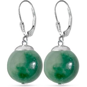12mm Natural Olive Agate Jade Stone Bead Drop Earrings,Simple Single Geometric Genuine Real Quartz Crystal Gemstone Dangle Earrings,Sterling Silver Hooks,Platinum Plated (B02_Olive Jade)