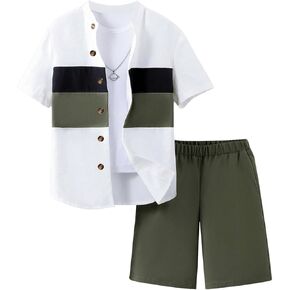 MakeMeChic Boy's 2 Piece Outfits Color Block Short Sleeve Button Down Shirts and Shorts Set