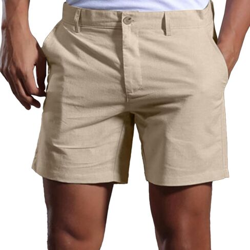 Men's Casual Cotton Linen Shorts 6" Flat Front Classic Fit Summer Beach Short with Pockets in Saudi Arabia