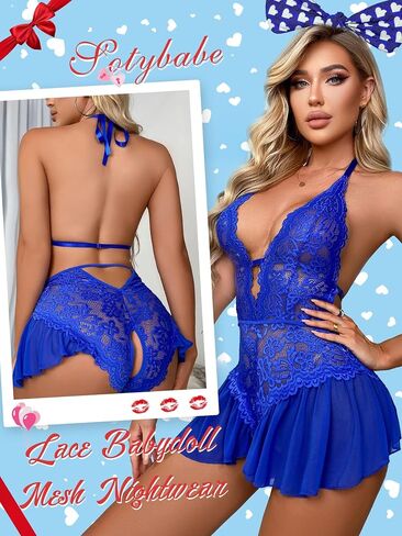 Womens Lingerie Lace Bodysuit Teddy Deep V One Piece Lace ruffled Babydollt in Saudi Arabia
