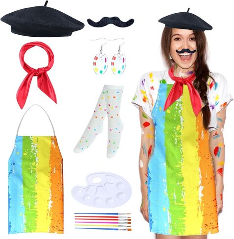 Kyson Artist Costume for Adult 8 Pcs Painter Halloween Dress Up with Beret Apron Palette Paint Brushes Earrings Bandana Beard in Saudi Arabia