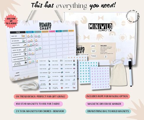 Magnetic Behavior Chore Chart for Kids! Premium quality| Modern Minimal | Use for up to 3 Kids! Gift Reward Visual Schedule Chart - Dry and Erase Routine and Responsibility in Saudi Arabia