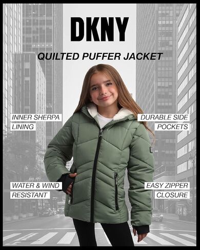 معطف الشتاء للفتيات من DKNY - سترة منتفخة مبطنة بالفرو الصناعي - سترة تزلج معزولة ثقيلة الوزن للفتيات (4-16) in Kuwait