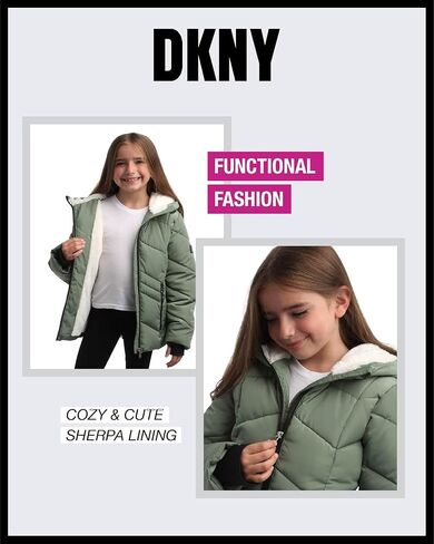 معطف الشتاء للفتيات من DKNY - سترة منتفخة مبطنة بالفرو الصناعي - سترة تزلج معزولة ثقيلة الوزن للفتيات (4-16) in Kuwait