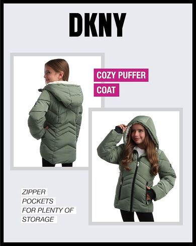 معطف الشتاء للفتيات من DKNY - سترة منتفخة مبطنة بالفرو الصناعي - سترة تزلج معزولة ثقيلة الوزن للفتيات (4-16) in Kuwait