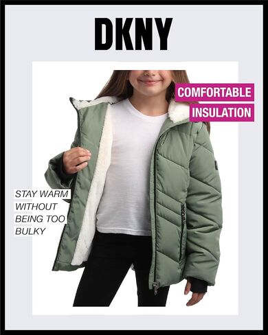 معطف الشتاء للفتيات من DKNY - سترة منتفخة مبطنة بالفرو الصناعي - سترة تزلج معزولة ثقيلة الوزن للفتيات (4-16) in Kuwait