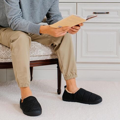 FamilyFairy Mens Warm Slippers Quilted Nylon Memory Foam House Shoes Indoor Outdoor with Non-Slip Sole in Kuwait