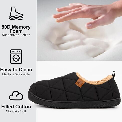 FamilyFairy Mens Warm Slippers Quilted Nylon Memory Foam House Shoes Indoor Outdoor with Non-Slip Sole in Kuwait