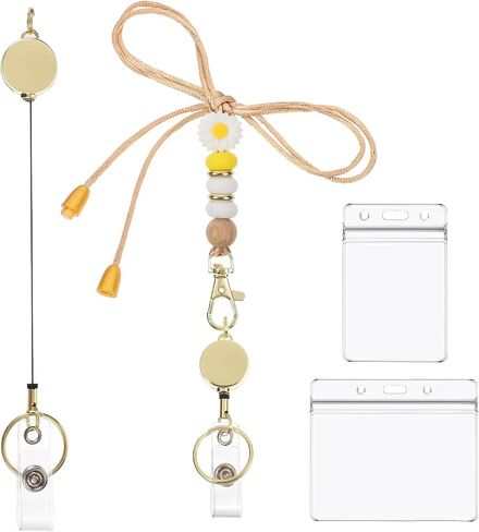Cute Teacher Lanyard with ID Badge Holder Silicone Beads Lanyards with Badge Reels Retractable Card Holder for Teacher Women Office Nurse (Rose Daisy) in Saudi Arabia