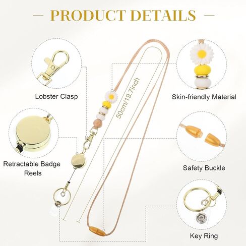 Cute Teacher Lanyard with ID Badge Holder Silicone Beads Lanyards with Badge Reels Retractable Card Holder for Teacher Women Office Nurse (Rose Daisy) in Saudi Arabia