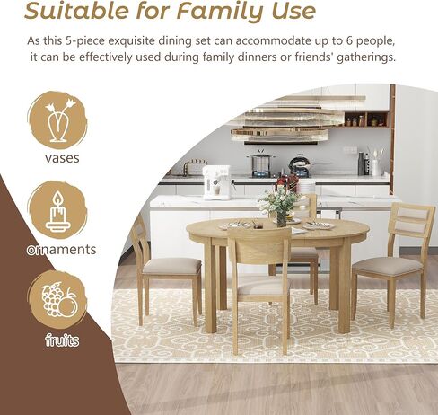 طاولة طعام أنيقة للمطبخ، طاولات مستديرة قابلة للتمديد مكونة من 5 قطع ودرجين صغيرين، مجموعة تناول العشاء مع 4 كراسي منجدة تتسع لـ 4-6 أشخاص، طبيعية in Kuwait