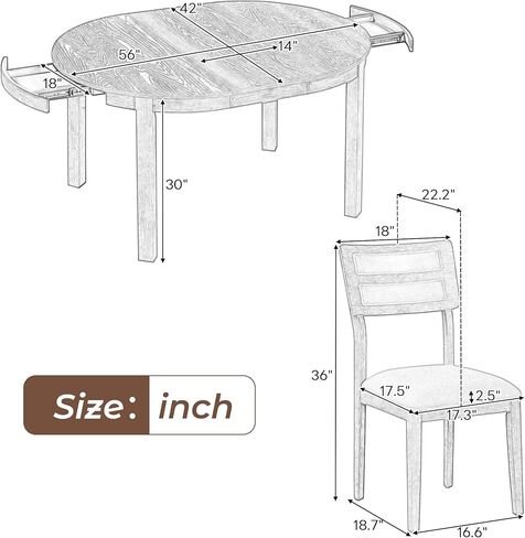 طاولة طعام أنيقة للمطبخ، طاولات مستديرة قابلة للتمديد مكونة من 5 قطع ودرجين صغيرين، مجموعة تناول العشاء مع 4 كراسي منجدة تتسع لـ 4-6 أشخاص، طبيعية in Kuwait
