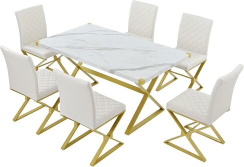 7 قطع من كراسي المطبخ الحديثة والمستطيلة المصنوعة من جلد البولي يوريثان مع أثاث منزلي لغرفة الأرجل، طقم طاولة طعام لـ 6 أشخاص، أبيض in Kuwait