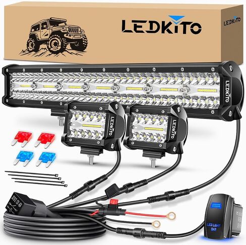 شريط إضاءة LED مقاس 20 بوصة ومجموعة أغطية LED مقاس 4 بوصات مكونة من قطعتين مع 16AWG 3 أسلاك لتسخير الأسلاك ومفتاح هزاز للطرق الوعرة وشريط إضاءة للطرق الوعرة وضوء عمل كومبو لبقعة الفيضانات من أجل Je-ep Pickup UTV Truck Tractor in Saudi Arabia