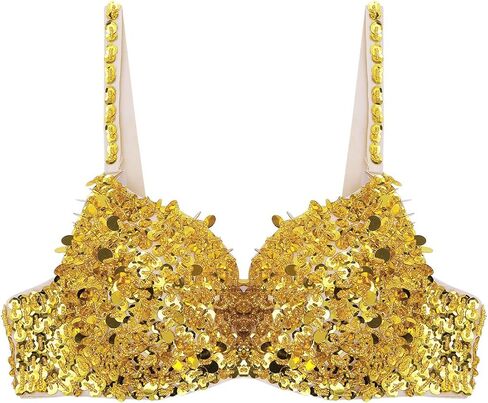 JEATHA Women's Shiny Sequined Belly Dance Bra Tops Beading Padded Crop Top Rave Dancing Costume Clubwear in Saudi Arabia